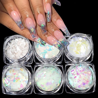 6vnt Aurora Color Nail Art Blizgučių rinkinys Holografinis netaisyklingas pleiskanojimas Priedai UV gelio nagų antgalių dizaino dekoravimui