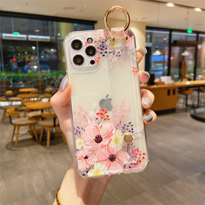 Διάφανη θήκη τηλεφώνου λουλούδι με λουρί καρπού για το iPhone 13 Pro Max 12 11 SE 2020 X XR XS 7 Plus 8 Soft TPU Clear Cover