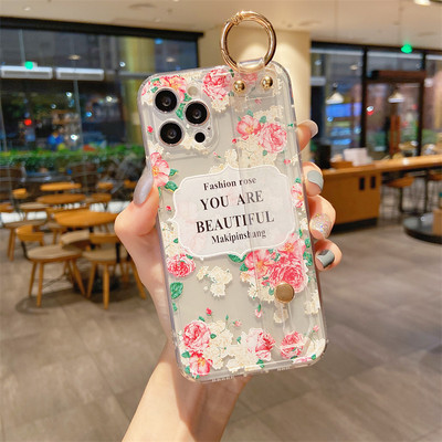 Διάφανη θήκη τηλεφώνου λουλούδι με λουρί καρπού για το iPhone 13 Pro Max 12 11 SE 2020 X XR XS 7 Plus 8 Soft TPU Clear Cover