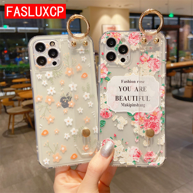Διάφανη θήκη τηλεφώνου λουλούδι με λουρί καρπού για το iPhone 13 Pro Max 12 11 SE 2020 X XR XS 7 Plus 8 Soft TPU Clear Cover