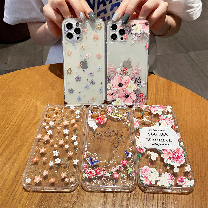 Διάφανη θήκη τηλεφώνου λουλούδι με λουρί καρπού για το iPhone 13 Pro Max 12 11 SE 2020 X XR XS 7 Plus 8 Soft TPU Clear Cover