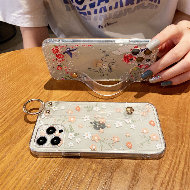Διάφανη θήκη τηλεφώνου λουλούδι με λουρί καρπού για το iPhone 13 Pro Max 12 11 SE 2020 X XR XS 7 Plus 8 Soft TPU Clear Cover