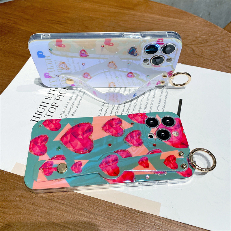 Μόδα 3D Diamond Love Heart Glitter Wrist Strap Θήκη για τηλέφωνο iPhone 13 14 Pro 12 Max 11 X XR XS 7 8Plus SE 2022