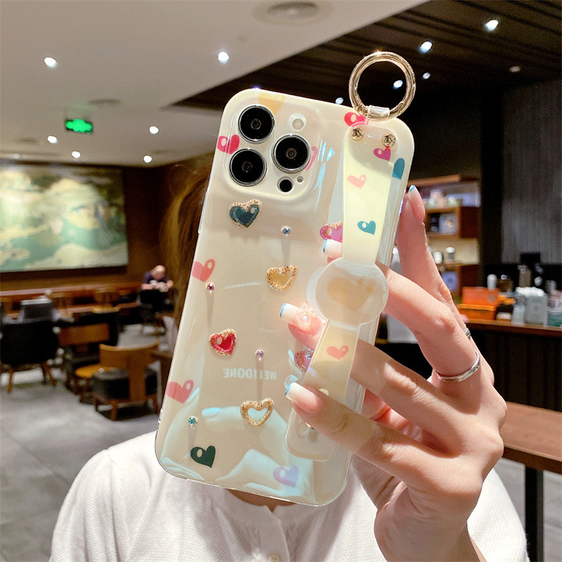 Μόδα 3D Diamond Love Heart Glitter Wrist Strap Θήκη για τηλέφωνο iPhone 13 14 Pro 12 Max 11 X XR XS 7 8Plus SE 2022