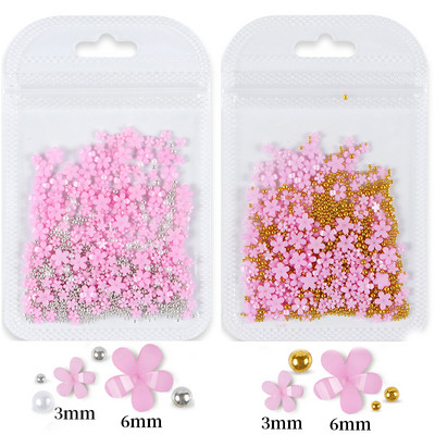 2 vrećice/komplet 3D akrilni cvijet, dijelovi za nokte, ukrasi, miješano zlato, srebro, čelične perle, dragulji, privjesci, dodaci za kawaii nokte