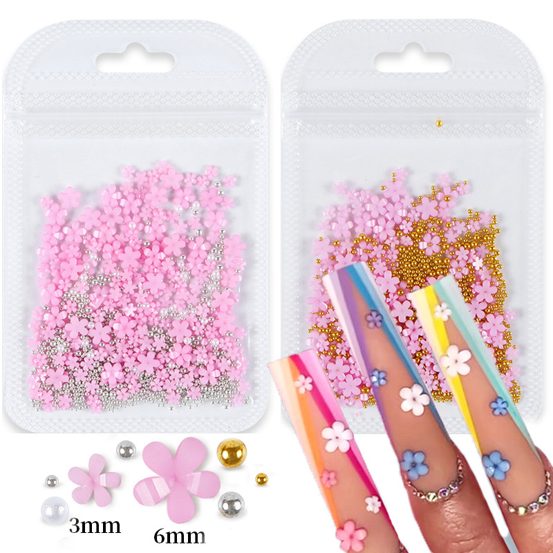 2 vrećice/komplet 3D akrilni cvijet, dijelovi za nokte, ukrasi, miješano zlato, srebro, čelične perle, dragulji, privjesci, dodaci za kawaii nokte