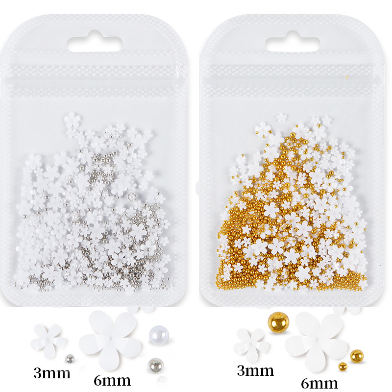2 vrećice/komplet 3D akrilni cvijet, dijelovi za nokte, ukrasi, miješano zlato, srebro, čelične perle, dragulji, privjesci, dodaci za kawaii nokte