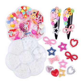 1 кутия Сладко кухо сърце с перлен лък и звезда с микс във формата на цветни Kawaii комплект талисмани за нокти за Направи си сам декорации за нокти Аксесоари