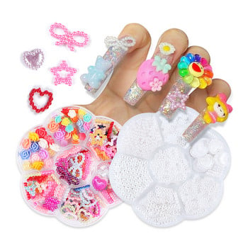 1 κουτί Cute Hollow Heart Pearl Bow Star Mix Shape Colorful Kawaii Nail Charms Σετ για DIY αξεσουάρ για διακοσμήσεις νυχιών