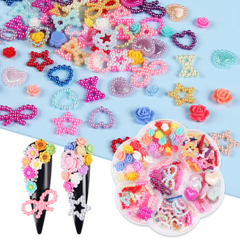 1 κουτί Cute Hollow Heart Pearl Bow Star Mix Shape Colorful Kawaii Nail Charms Σετ για DIY αξεσουάρ για διακοσμήσεις νυχιών