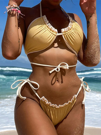 Νέο σέξι μπικίνι μπικίνι με πλισέ με ραβδώσεις, γυναικεία μαγιό Γυναικεία μαγιό, σετ μπικίνι δύο τεμαχίων Bather μαγιό Swim V3879