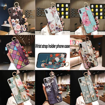 Каишка за китка Меки TPU калъфи за iPhone 14 11 12 13 pro max 7 8Plus X XR Xs SE 2 Vintage Lattice Flower Pattern Phone Holder Cover