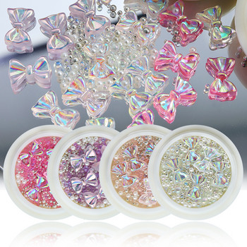 1 κουτί 3D Aurora Bow Nail Charms Διακόσμηση Μικτό χαβιάρι μαργαριτάρια γυάλινες χάντρες Στρας Αξεσουάρ για κοσμήματα νυχιών ιαπωνικού στυλ