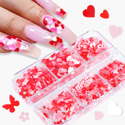 6 rács fehérarany köröm csillogó flitterek kevert kerek pillangó szerelem szív alakú pelyhek barkácsolás Kawaii körömdíszítési kiegészítők