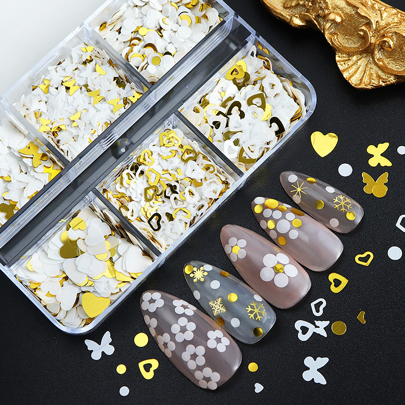 6 rács fehérarany köröm csillogó flitterek kevert kerek pillangó szerelem szív alakú pelyhek barkácsolás Kawaii körömdíszítési kiegészítők