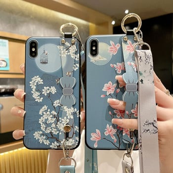 за iPhone 14 13 Pro Max 12 11 8 Plus 7 XR X XS Cover Vintage Flower Leaf Phone Holder Калъф за китка Crossbody Shoulder Lanyard Калъф