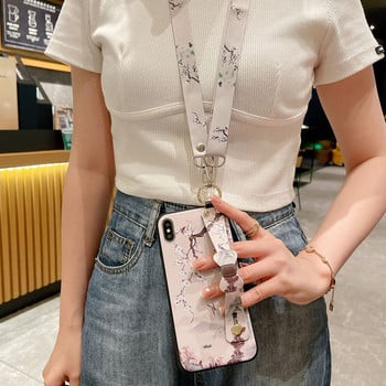 за iPhone 14 13 Pro Max 12 11 8 Plus 7 XR X XS Cover Vintage Flower Leaf Phone Holder Калъф за китка Crossbody Shoulder Lanyard Калъф