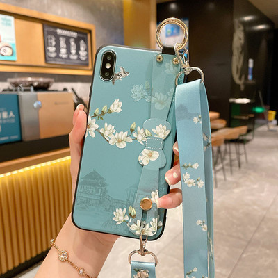 за iPhone 14 13 Pro Max 12 11 8 Plus 7 XR X XS Cover Vintage Flower Leaf Phone Holder Калъф за китка Crossbody Shoulder Lanyard Калъф