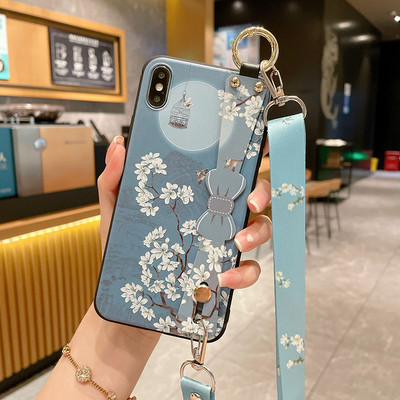 за iPhone 14 13 Pro Max 12 11 8 Plus 7 XR X XS Cover Vintage Flower Leaf Phone Holder Калъф за китка Crossbody Shoulder Lanyard Калъф