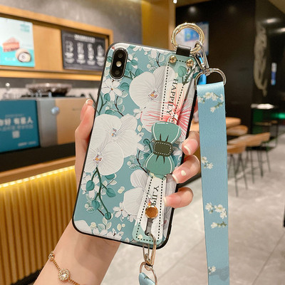 за iPhone 14 13 Pro Max 12 11 8 Plus 7 XR X XS Cover Vintage Flower Leaf Phone Holder Калъф за китка Crossbody Shoulder Lanyard Калъф