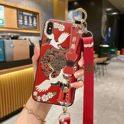 за iPhone 14 13 Pro Max 12 11 8 Plus 7 XR X XS Cover Vintage Flower Leaf Phone Holder Калъф за китка Crossbody Shoulder Lanyard Калъф