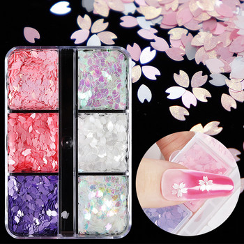 6 πλέγματα Pink Sakura Nail Glitter πούλιες Χιονάτη άνθη κερασιάς Πέταλα νιφάδες Ανταλλακτικά Kawaii Διακοσμητικά νυχιών Αξεσουάρ