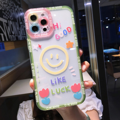 Χαριτωμένο Cartoon Smile Flower Clear Case Phone for iPhone 14 Pro Max 13 12 11 X XS XR 7 8 Plus Couple Διάφανο κάλυμμα αντικραδασμικό