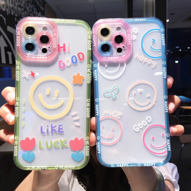 Χαριτωμένο Cartoon Smile Flower Clear Case Phone for iPhone 14 Pro Max 13 12 11 X XS XR 7 8 Plus Couple Διάφανο κάλυμμα αντικραδασμικό