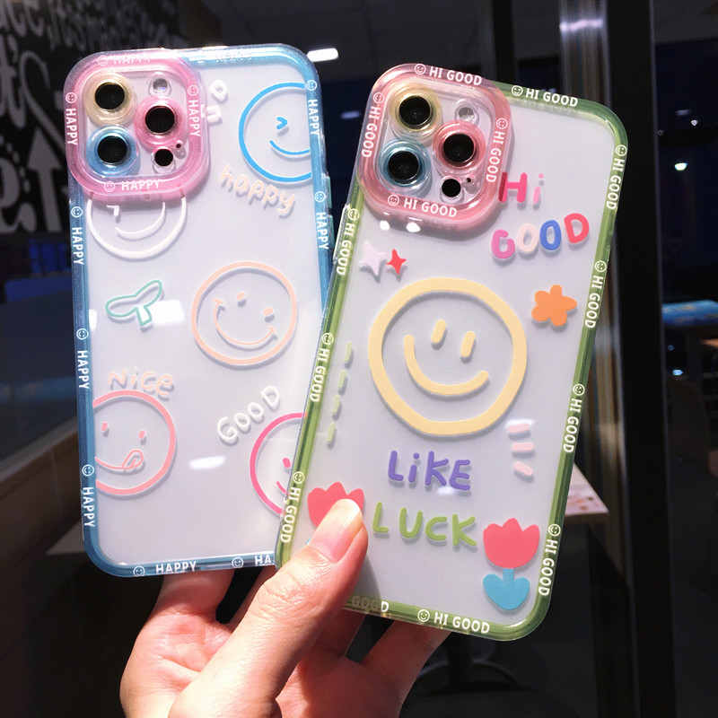 Χαριτωμένο Cartoon Smile Flower Clear Case Phone for iPhone 14 Pro Max 13 12 11 X XS XR 7 8 Plus Couple Διάφανο κάλυμμα αντικραδασμικό