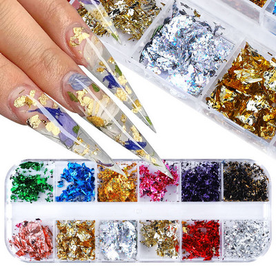 12Grid Nail Art Златно Сребърно фолио Хартия Leaf Flake Flakes Paillette Manicures Направи си сам Блестящ гел лак Аксесоари за декорация на нокти