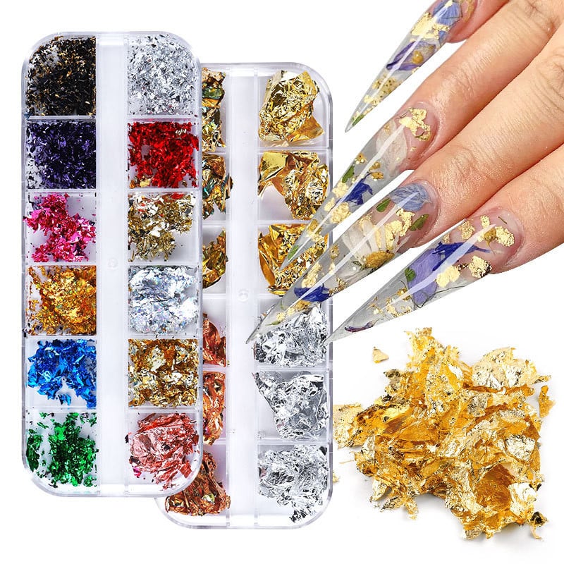 12Rács Nail Art Arany Ezüst Fólia Papír Levél Pehely Pelyhek Paillette Manikűr barkácsolás Csillogó Gél Lakk Körömdíszítő Kiegészítők