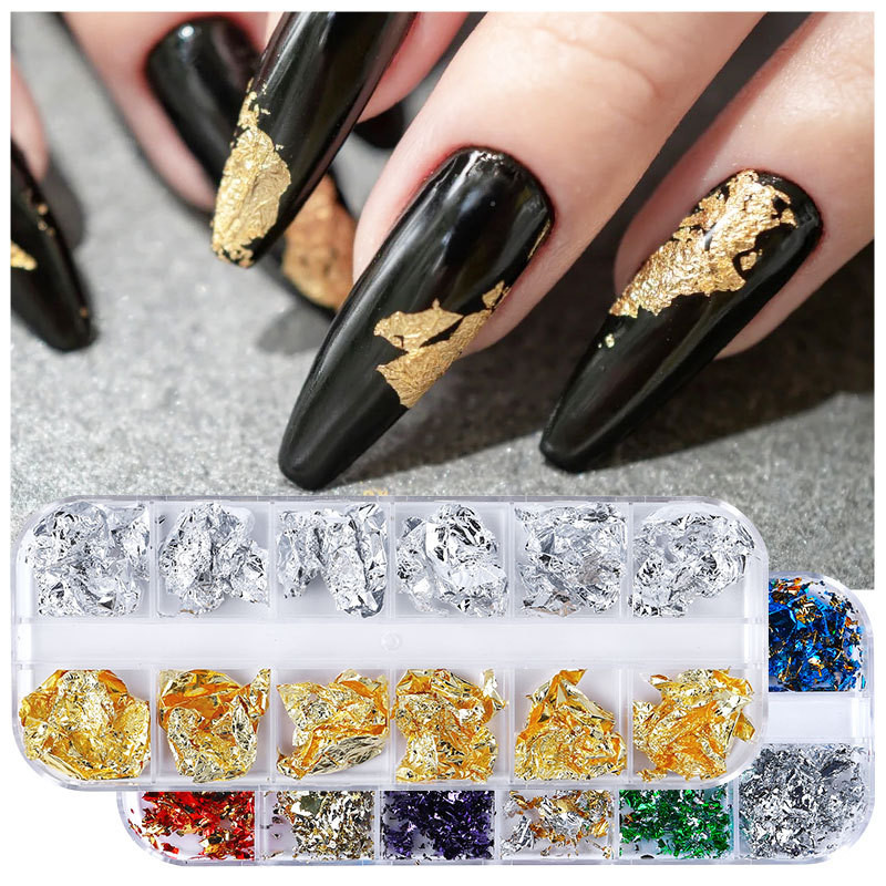 12Rács Nail Art Arany Ezüst Fólia Papír Levél Pehely Pelyhek Paillette Manikűr barkácsolás Csillogó Gél Lakk Körömdíszítő Kiegészítők