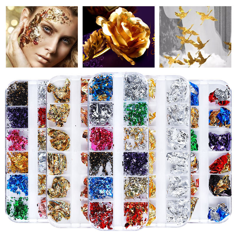 12Rács Nail Art Arany Ezüst Fólia Papír Levél Pehely Pelyhek Paillette Manikűr barkácsolás Csillogó Gél Lakk Körömdíszítő Kiegészítők