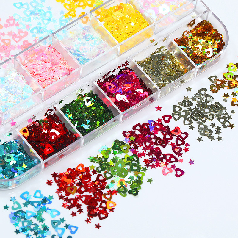 12Gird Box pillangó körmök flitterek körömdíszítés holografikus csillogó dekorációk manikűr pehely készlet lézeres tervezés 3D körmök kiegészítők