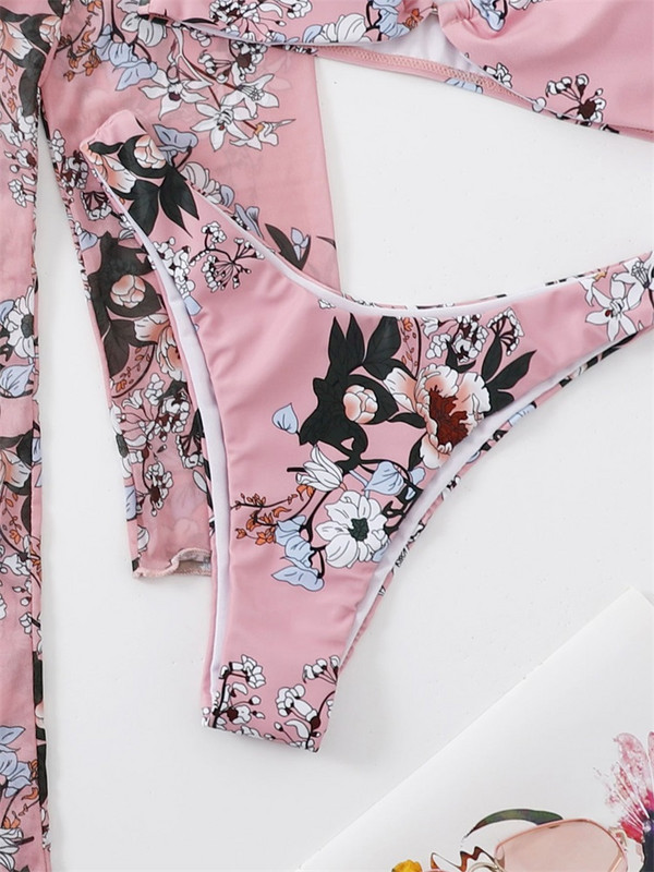 ZRTAK 3-dijelni bikini 2022. Kupaći kostimi Visoki izrez Ženski bikini kompleti Kupaći kostim s printom Bandeau Biquini Prekrivači dugih rukava