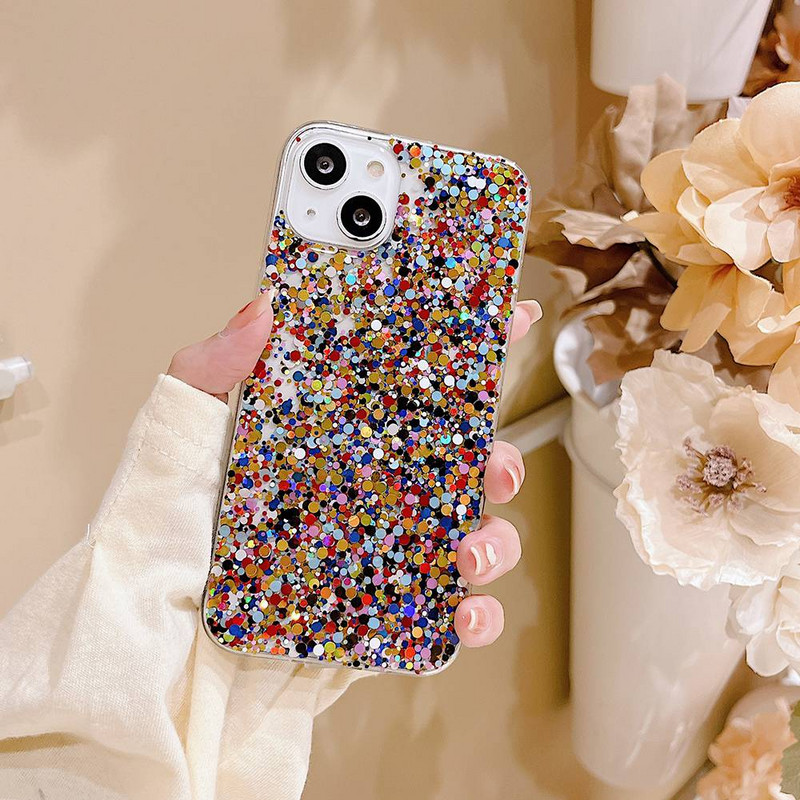 Elegáns kerek csillogó csillogó telefontok iPhone 14 13 11 12 Pro Max Mini XR X XS Max 7 8 Plus SE puha epoxi lány borítóhoz