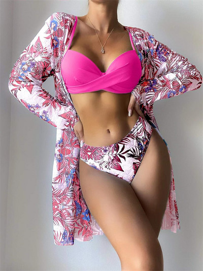 ZRTAK Push Up fürdőruha 3 részes bikini 2022 fürdőruha női bikini szettek Nyomtatott fürdőruha nyári strandruha Plant biquini Cover-Up