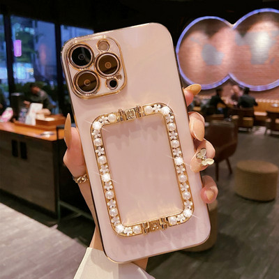 3D λουλούδι μαργαριτάρι Τετράγωνη βάση επιχρυσωμένη θήκη τηλεφώνου για iphone 14 12 Pro Max MiNi 11 13 Pro X XS XR 6 S 7 8 Plus 12Pro SE Capa