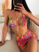 Ztrak Halter bikinio rinkinys 3 dalių maudymosi kostiumėlis moterims su gėlėmis raštais Bikiniai Sexy Shirring Bandage maudymosi kostiumėliai Moteriški Sarong vasaros atostogos