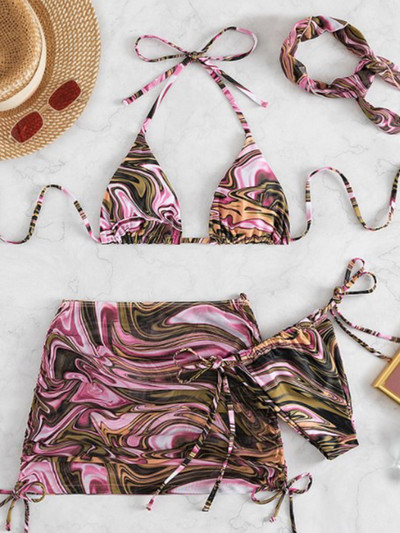 Ztrak Halter bikinio rinkinys 3 dalių maudymosi kostiumėlis moterims su gėlėmis raštais Bikiniai Sexy Shirring Bandage maudymosi kostiumėliai Moteriški Sarong vasaros atostogos