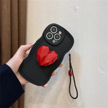 Κορεάτικο στήριγμα 3D Love Heart Αλυσίδα βραχιόλι Black Wave Θήκη τηλεφώνου S20 S21 FE S22 Plus Pro Ultra + Κάλυμμα