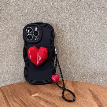 Κορεάτικο στήριγμα 3D Love Heart Αλυσίδα βραχιόλι Black Wave Θήκη τηλεφώνου S20 S21 FE S22 Plus Pro Ultra + Κάλυμμα