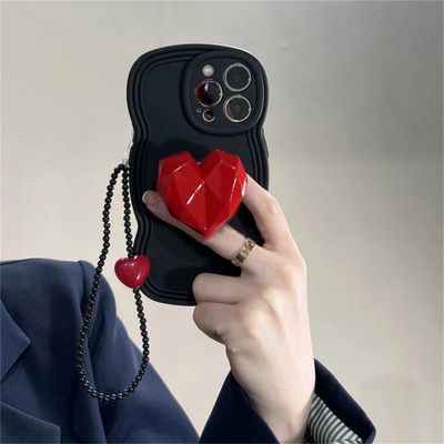 Корейски 3D любов сърце скоба гривна верига черна вълна калъф за телефон S20 S21 FE S22 Plus Pro Ultra + капак