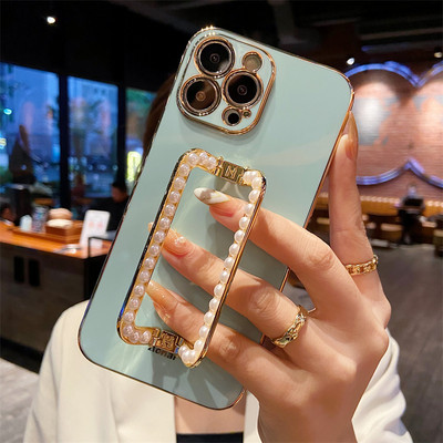 Κορέα 3D Pearl Square Holder επιχρυσωμένη θήκη τηλεφώνου για iphone 14 12 Pro Max Mini 11 13 Pro X XS XR 6 S 7 8 Plus 12Pro SE Κάλυμμα