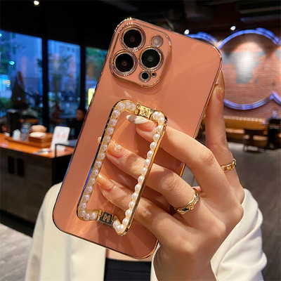Κορέα 3D Pearl Square Holder επιχρυσωμένη θήκη τηλεφώνου για iphone 14 12 Pro Max Mini 11 13 Pro X XS XR 6 S 7 8 Plus 12Pro SE Κάλυμμα