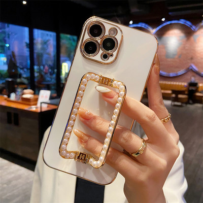 Κορέα 3D Pearl Square Holder επιχρυσωμένη θήκη τηλεφώνου για iphone 14 12 Pro Max Mini 11 13 Pro X XS XR 6 S 7 8 Plus 12Pro SE Κάλυμμα