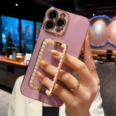 Κορέα 3D Pearl Square Holder επιχρυσωμένη θήκη τηλεφώνου για iphone 14 12 Pro Max Mini 11 13 Pro X XS XR 6 S 7 8 Plus 12Pro SE Κάλυμμα