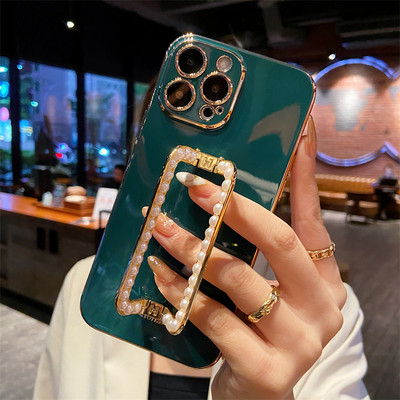 Κορέα 3D Pearl Square Holder επιχρυσωμένη θήκη τηλεφώνου για iphone 14 12 Pro Max Mini 11 13 Pro X XS XR 6 S 7 8 Plus 12Pro SE Κάλυμμα