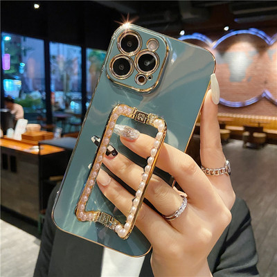 Κορέα 3D Pearl Square Holder επιχρυσωμένη θήκη τηλεφώνου για iphone 14 12 Pro Max Mini 11 13 Pro X XS XR 6 S 7 8 Plus 12Pro SE Κάλυμμα