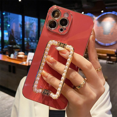 Κορέα 3D Pearl Square Holder επιχρυσωμένη θήκη τηλεφώνου για iphone 14 12 Pro Max Mini 11 13 Pro X XS XR 6 S 7 8 Plus 12Pro SE Κάλυμμα
